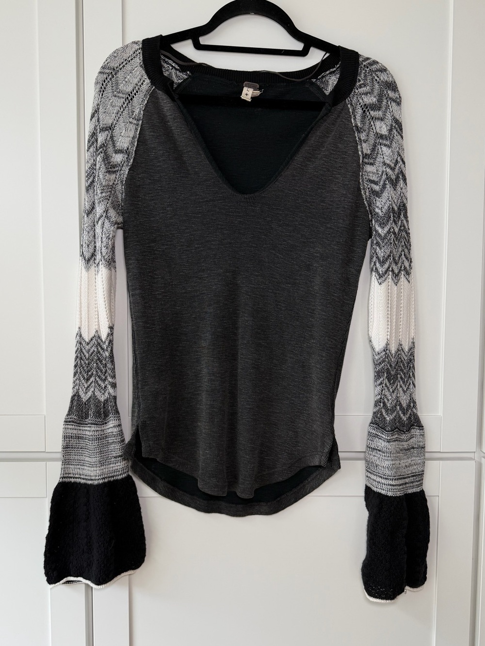 We the Free Y2K Free People Bell Sleeve Waffle Knit Henley Top Stripes Boho